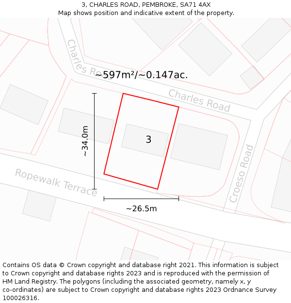 3, CHARLES ROAD, PEMBROKE, SA71 4AX: Plot and title map