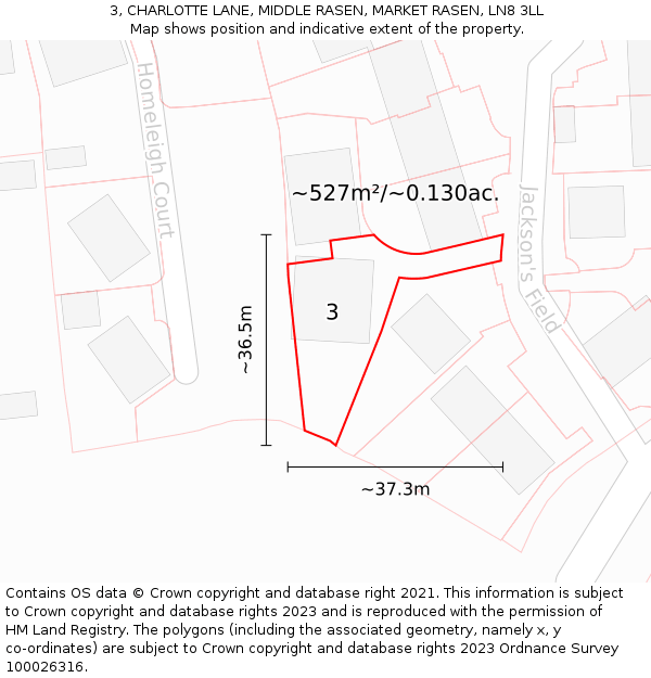 3, CHARLOTTE LANE, MIDDLE RASEN, MARKET RASEN, LN8 3LL: Plot and title map