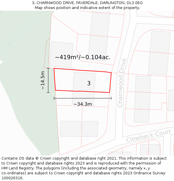 3, CHARNWOOD DRIVE, FAVERDALE, DARLINGTON, DL3 0EG: Plot and title map