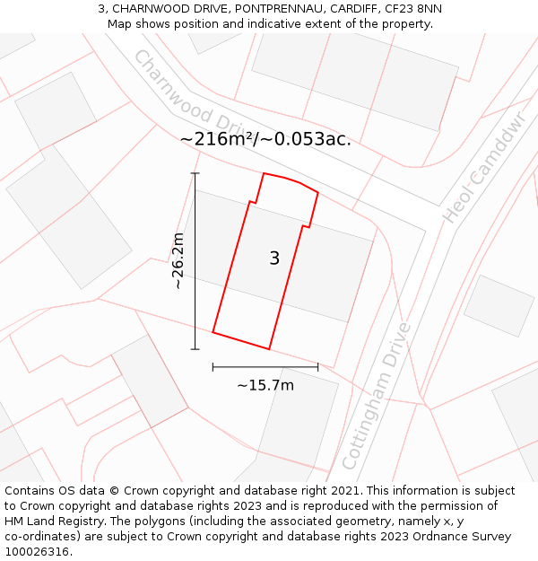 3, CHARNWOOD DRIVE, PONTPRENNAU, CARDIFF, CF23 8NN: Plot and title map