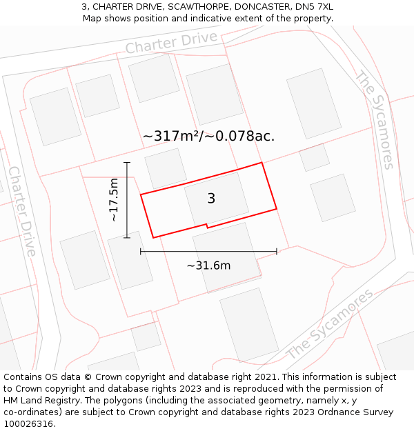 3, CHARTER DRIVE, SCAWTHORPE, DONCASTER, DN5 7XL: Plot and title map