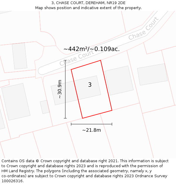 3, CHASE COURT, DEREHAM, NR19 2DE: Plot and title map