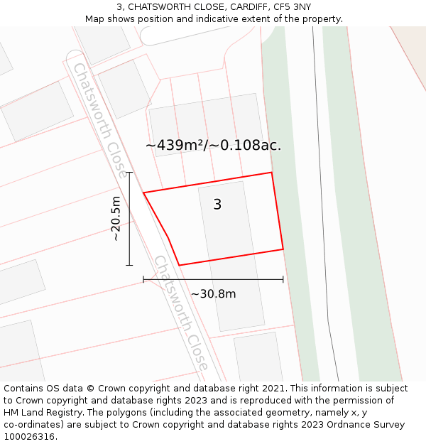 3, CHATSWORTH CLOSE, CARDIFF, CF5 3NY: Plot and title map