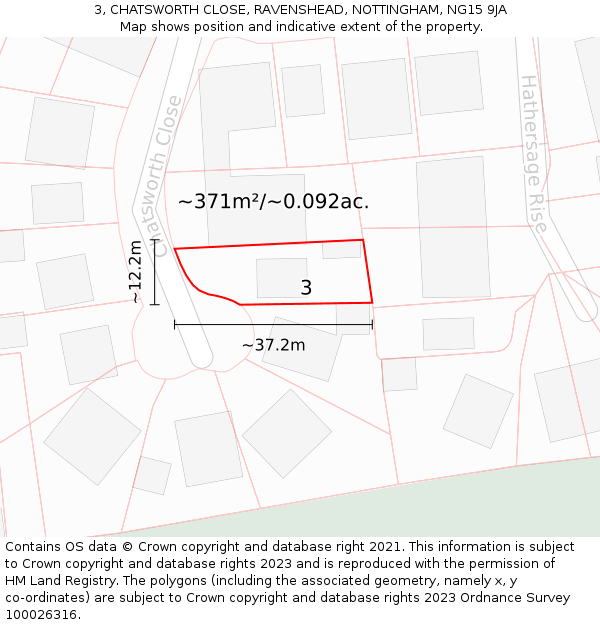 3, CHATSWORTH CLOSE, RAVENSHEAD, NOTTINGHAM, NG15 9JA: Plot and title map