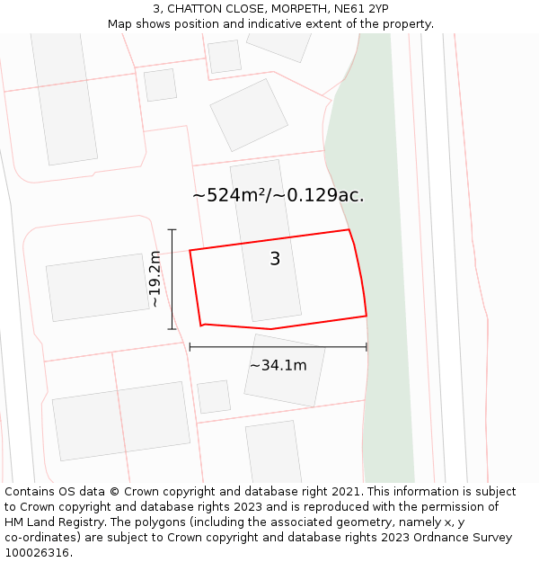 3, CHATTON CLOSE, MORPETH, NE61 2YP: Plot and title map