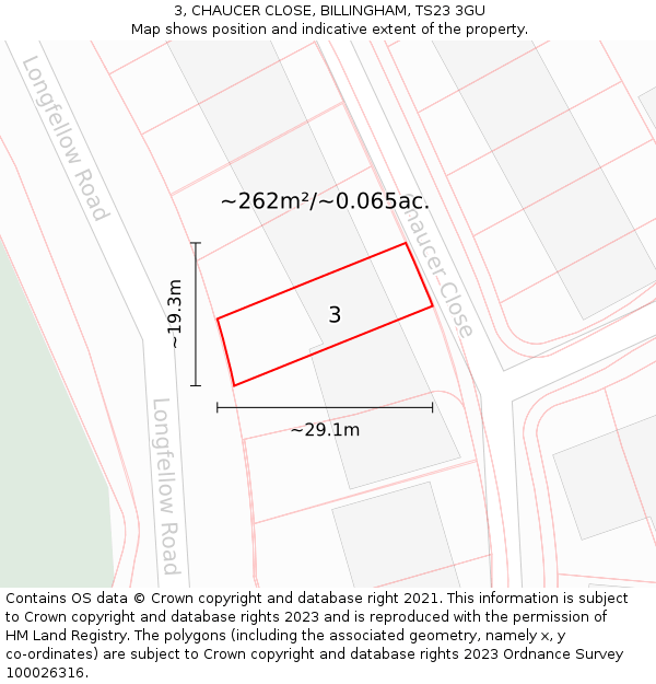 3, CHAUCER CLOSE, BILLINGHAM, TS23 3GU: Plot and title map