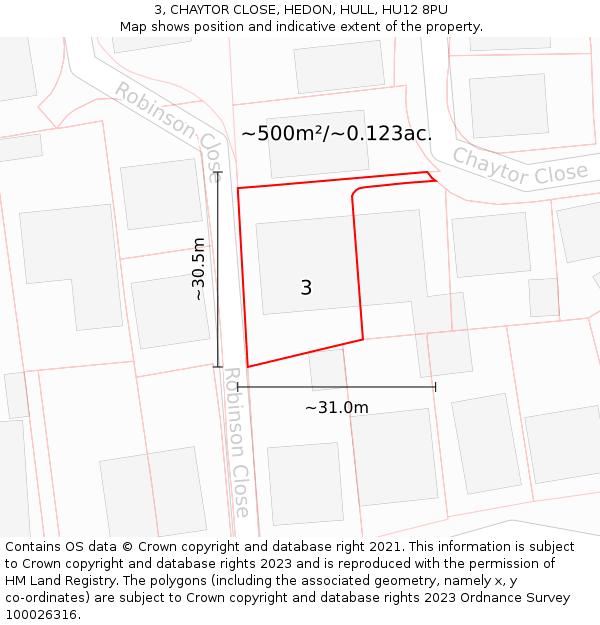 3, CHAYTOR CLOSE, HEDON, HULL, HU12 8PU: Plot and title map