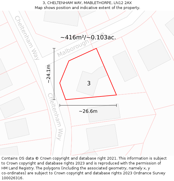 3, CHELTENHAM WAY, MABLETHORPE, LN12 2AX: Plot and title map