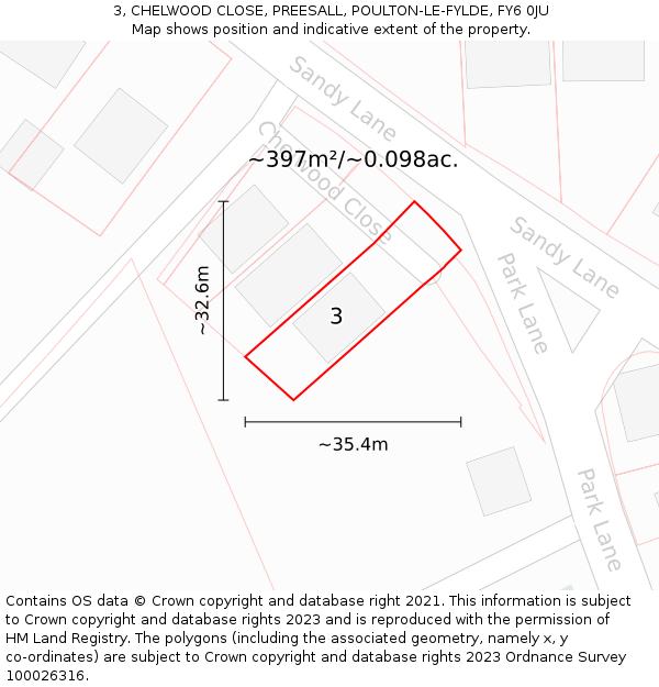 3, CHELWOOD CLOSE, PREESALL, POULTON-LE-FYLDE, FY6 0JU: Plot and title map