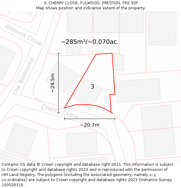 3, CHERRY CLOSE, FULWOOD, PRESTON, PR2 9SF: Plot and title map