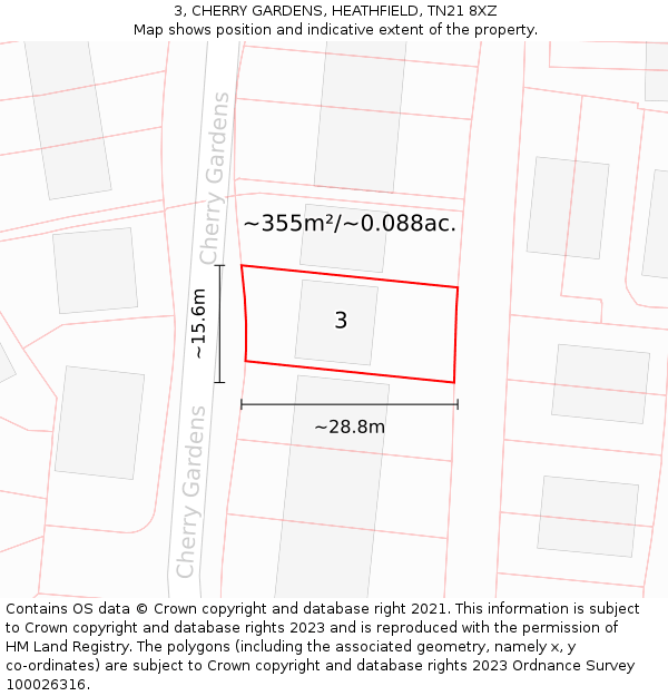 3, CHERRY GARDENS, HEATHFIELD, TN21 8XZ: Plot and title map