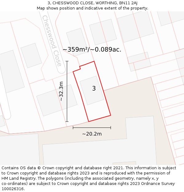 3, CHESSWOOD CLOSE, WORTHING, BN11 2AJ: Plot and title map