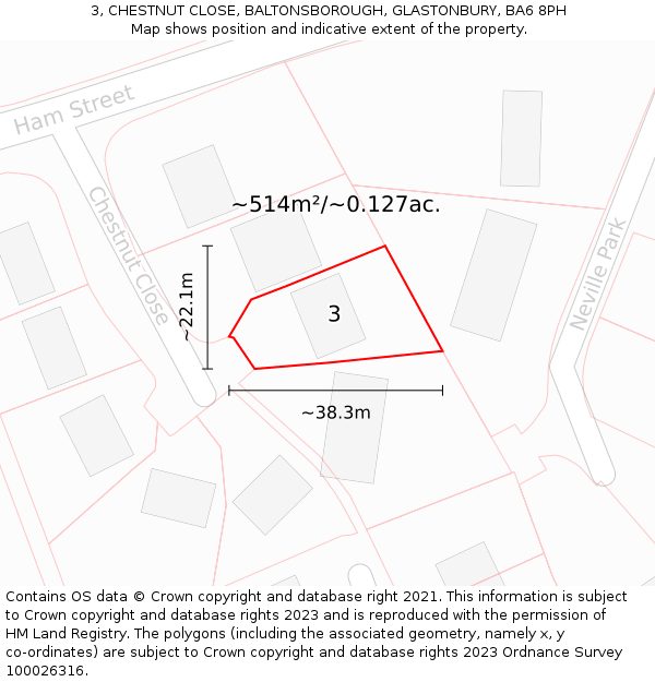 3, CHESTNUT CLOSE, BALTONSBOROUGH, GLASTONBURY, BA6 8PH: Plot and title map