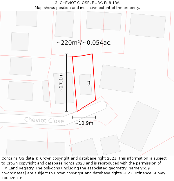 3, CHEVIOT CLOSE, BURY, BL8 1RA: Plot and title map