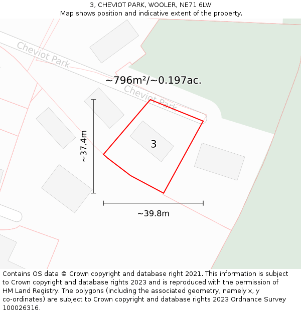 3, CHEVIOT PARK, WOOLER, NE71 6LW: Plot and title map