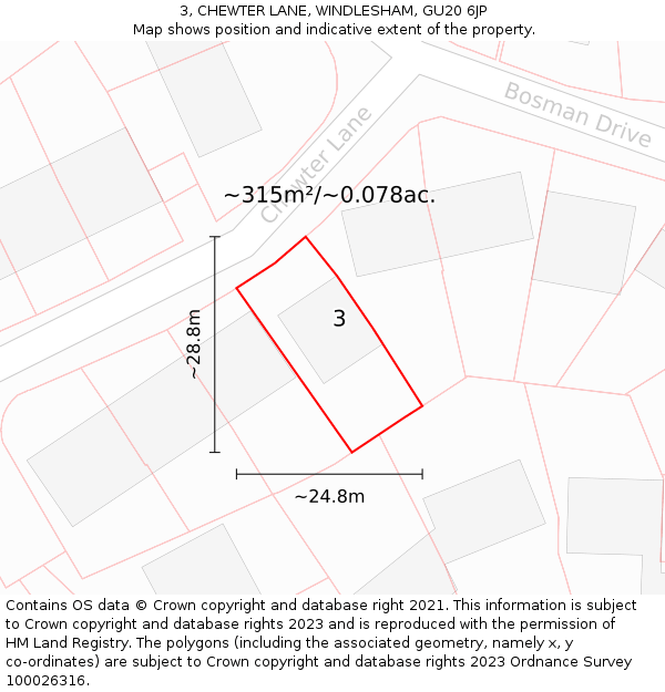 3, CHEWTER LANE, WINDLESHAM, GU20 6JP: Plot and title map