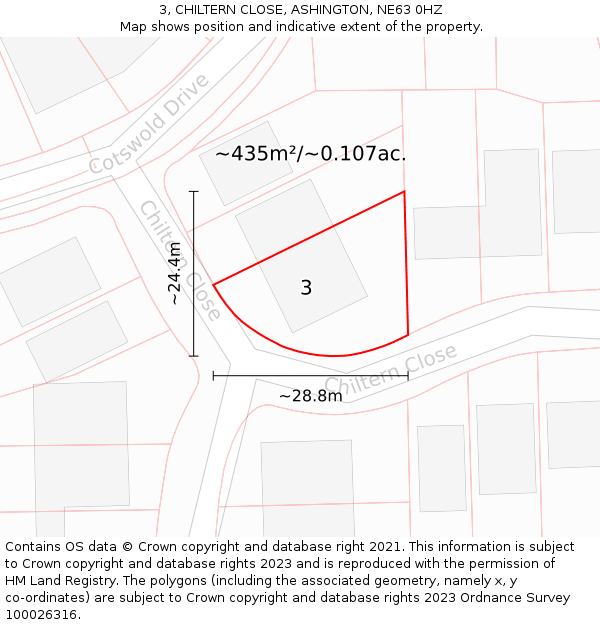 3, CHILTERN CLOSE, ASHINGTON, NE63 0HZ: Plot and title map