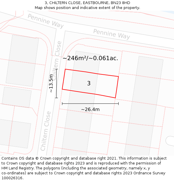 3, CHILTERN CLOSE, EASTBOURNE, BN23 8HD: Plot and title map