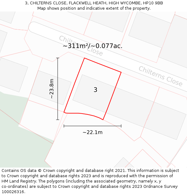 3, CHILTERNS CLOSE, FLACKWELL HEATH, HIGH WYCOMBE, HP10 9BB: Plot and title map