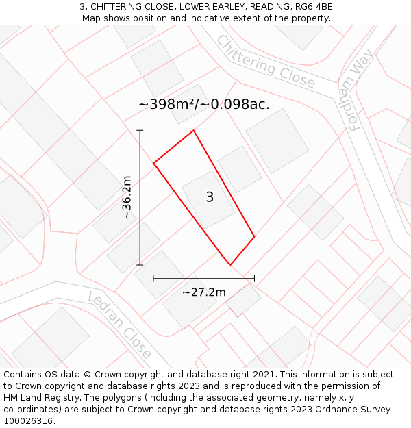 3, CHITTERING CLOSE, LOWER EARLEY, READING, RG6 4BE: Plot and title map