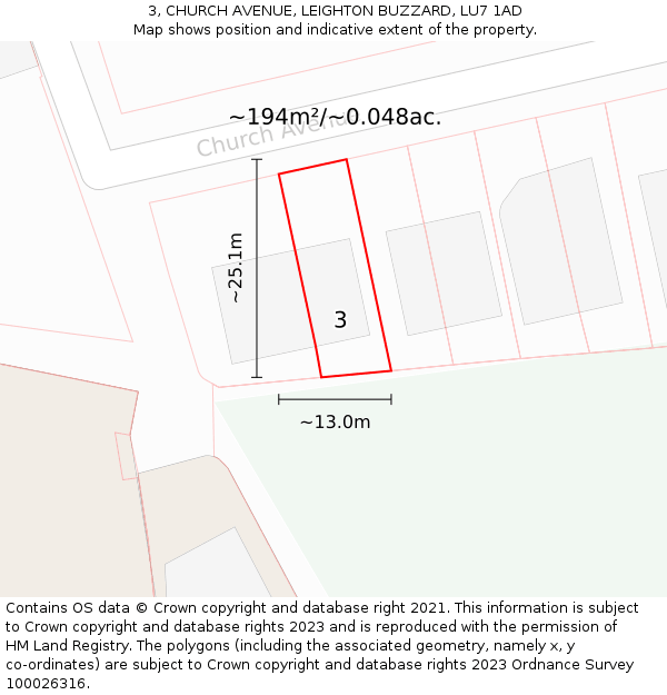 3, CHURCH AVENUE, LEIGHTON BUZZARD, LU7 1AD: Plot and title map
