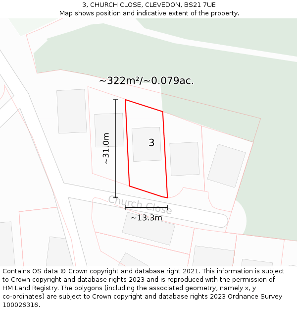 3, CHURCH CLOSE, CLEVEDON, BS21 7UE: Plot and title map