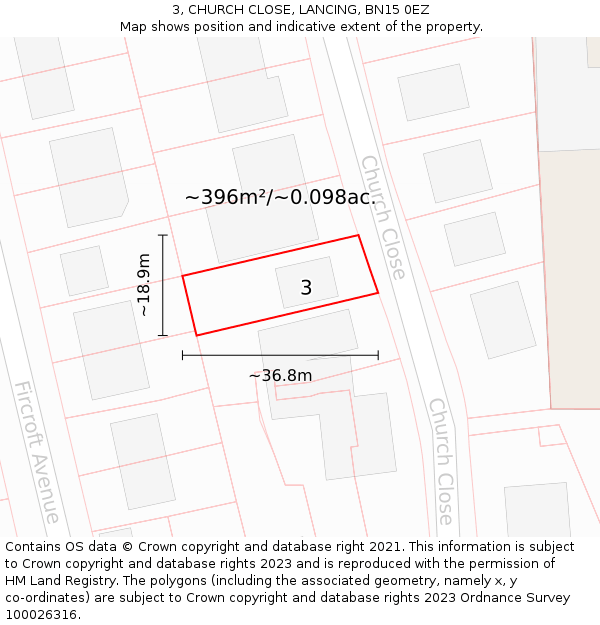 3, CHURCH CLOSE, LANCING, BN15 0EZ: Plot and title map