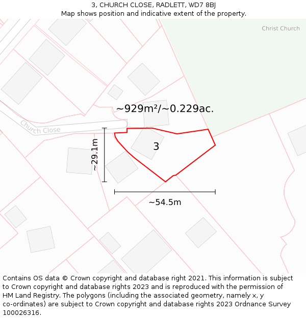 3, CHURCH CLOSE, RADLETT, WD7 8BJ: Plot and title map