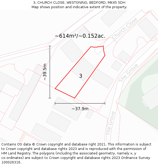 3, CHURCH CLOSE, WESTONING, BEDFORD, MK45 5DH: Plot and title map