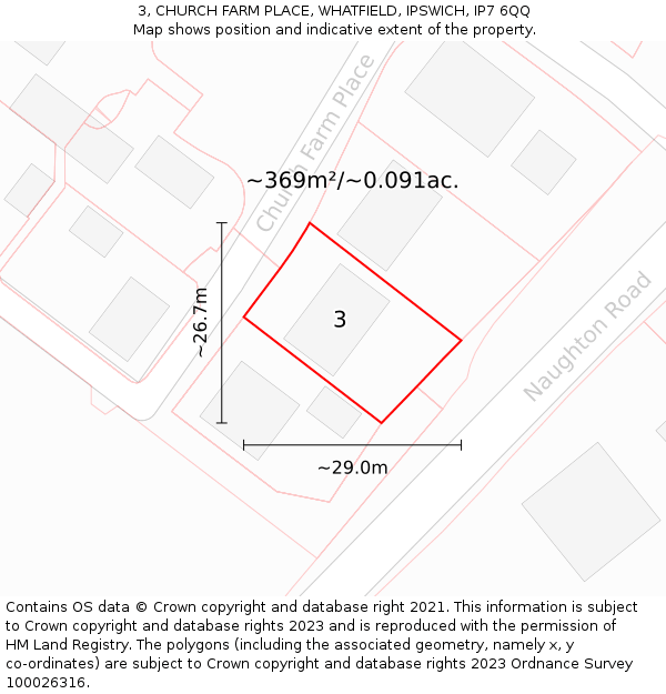 3, CHURCH FARM PLACE, WHATFIELD, IPSWICH, IP7 6QQ: Plot and title map