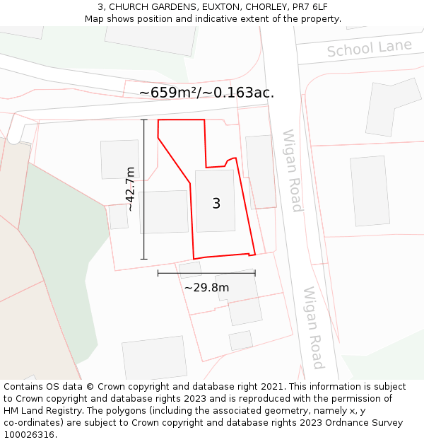 3, CHURCH GARDENS, EUXTON, CHORLEY, PR7 6LF: Plot and title map