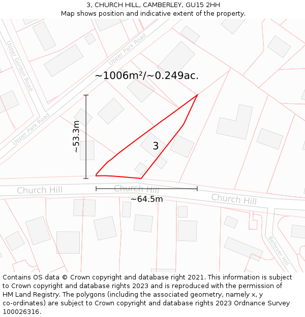 3, CHURCH HILL, CAMBERLEY, GU15 2HH: Plot and title map