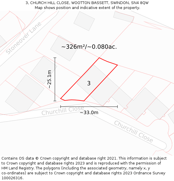 3, CHURCH HILL CLOSE, WOOTTON BASSETT, SWINDON, SN4 8QW: Plot and title map