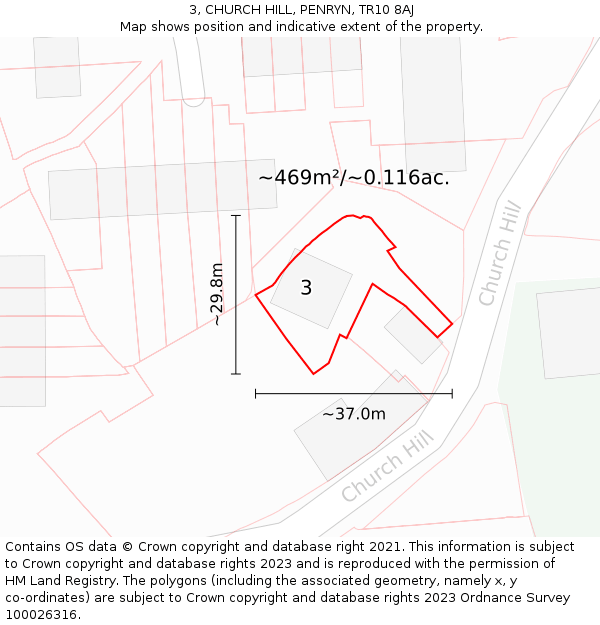 3, CHURCH HILL, PENRYN, TR10 8AJ: Plot and title map