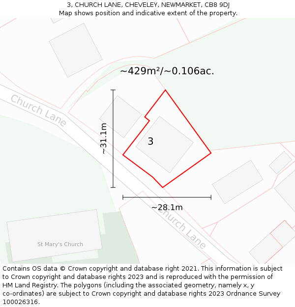 3, CHURCH LANE, CHEVELEY, NEWMARKET, CB8 9DJ: Plot and title map