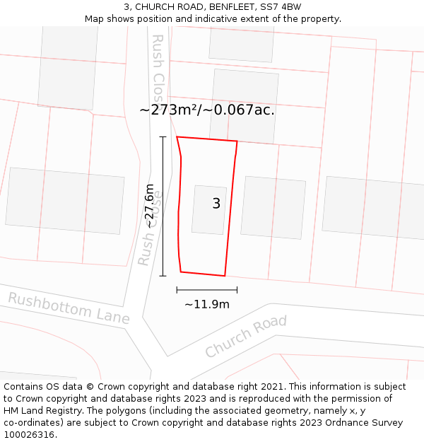 3, CHURCH ROAD, BENFLEET, SS7 4BW: Plot and title map