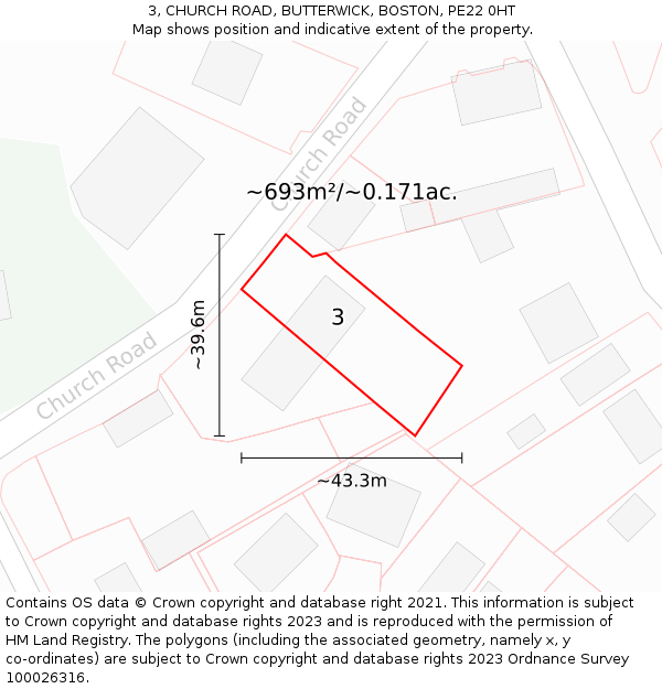 3, CHURCH ROAD, BUTTERWICK, BOSTON, PE22 0HT: Plot and title map