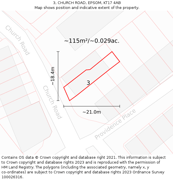 3, CHURCH ROAD, EPSOM, KT17 4AB: Plot and title map