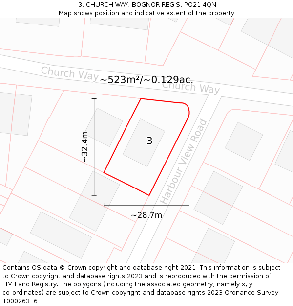 3, CHURCH WAY, BOGNOR REGIS, PO21 4QN: Plot and title map