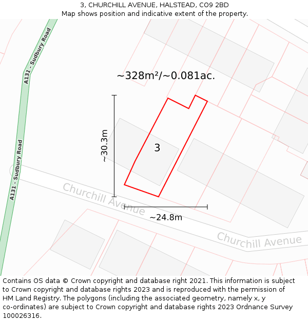 3, CHURCHILL AVENUE, HALSTEAD, CO9 2BD: Plot and title map