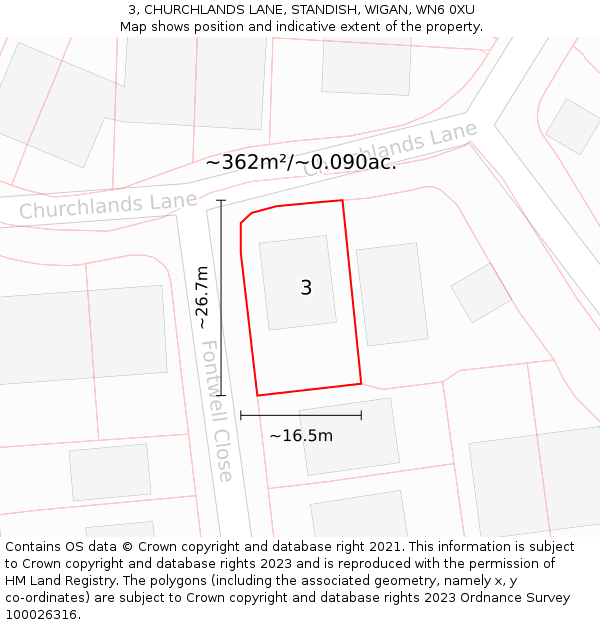 3, CHURCHLANDS LANE, STANDISH, WIGAN, WN6 0XU: Plot and title map