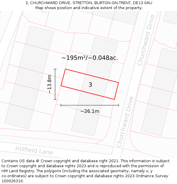 3, CHURCHWARD DRIVE, STRETTON, BURTON-ON-TRENT, DE13 0AU: Plot and title map