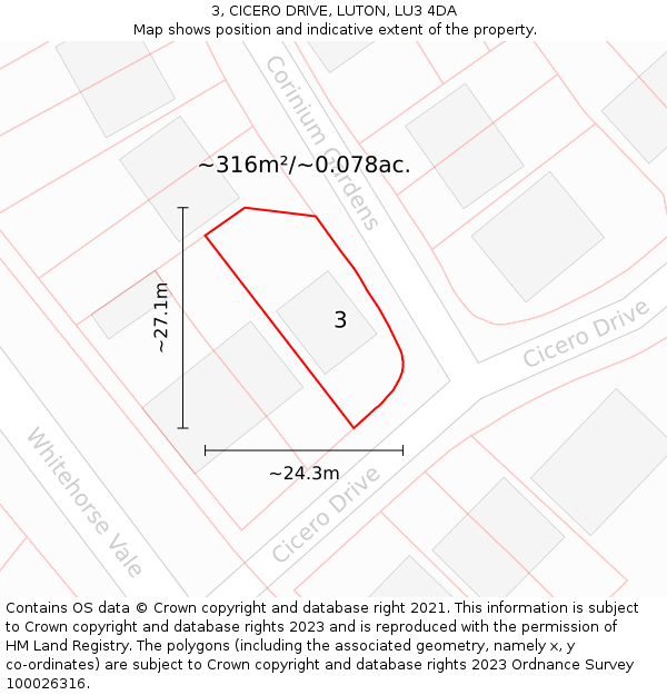 3, CICERO DRIVE, LUTON, LU3 4DA: Plot and title map