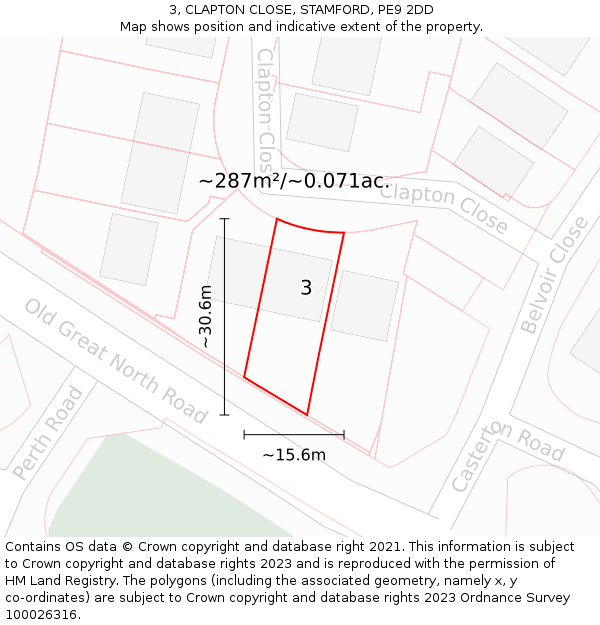 3, CLAPTON CLOSE, STAMFORD, PE9 2DD: Plot and title map