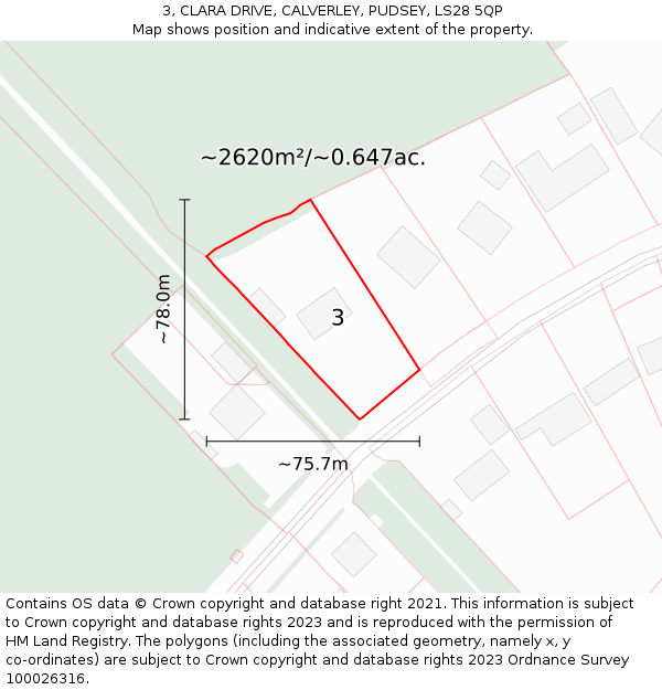 3, CLARA DRIVE, CALVERLEY, PUDSEY, LS28 5QP: Plot and title map