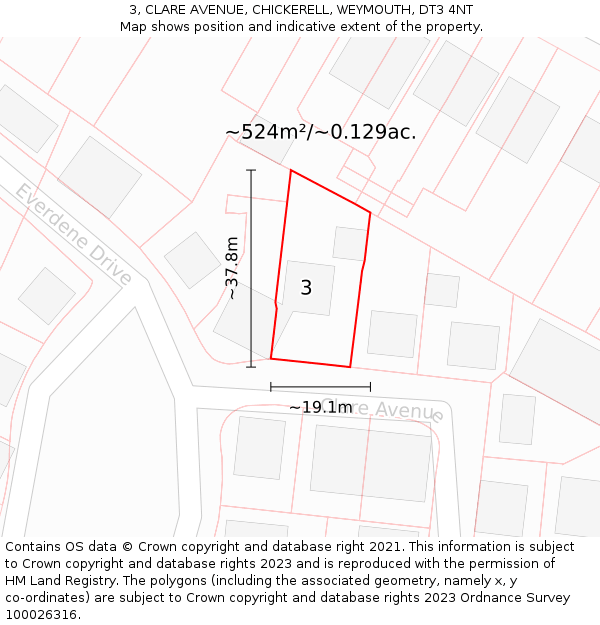 3, CLARE AVENUE, CHICKERELL, WEYMOUTH, DT3 4NT: Plot and title map