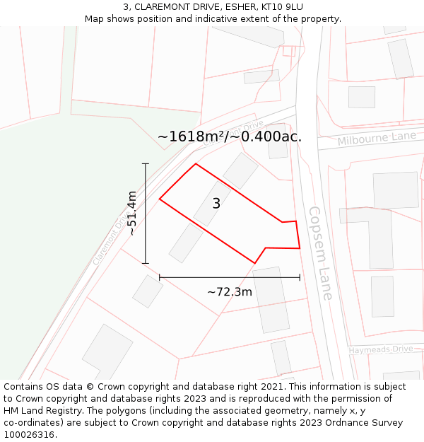 3, CLAREMONT DRIVE, ESHER, KT10 9LU: Plot and title map