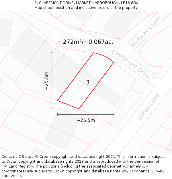 3, CLAREMONT DRIVE, MARKET HARBOROUGH, LE16 8BX: Plot and title map