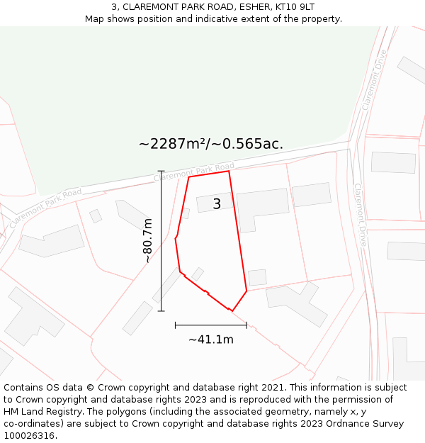 3, CLAREMONT PARK ROAD, ESHER, KT10 9LT: Plot and title map