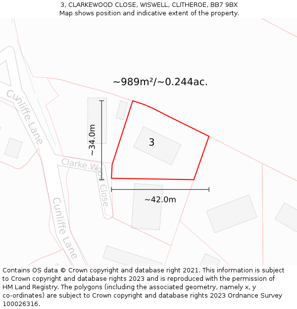 3, CLARKEWOOD CLOSE, WISWELL, CLITHEROE, BB7 9BX: Plot and title map